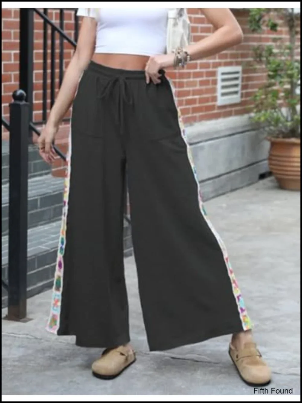 Casual Wide Leg Sweatpants with Crochet Panels and Pockets